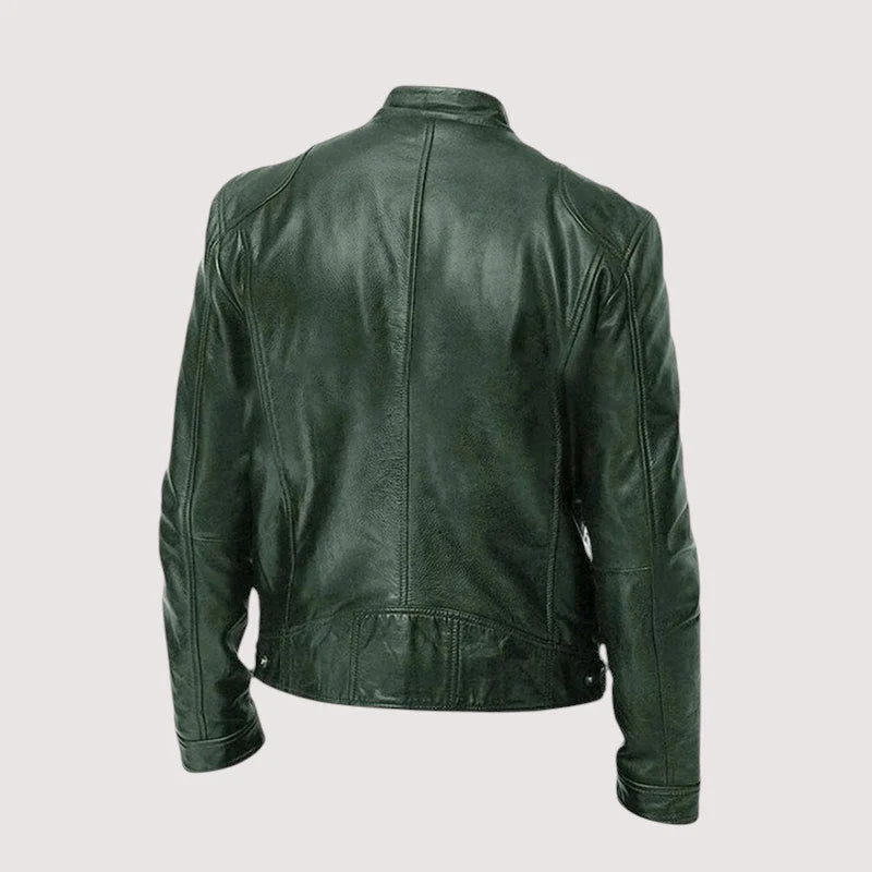 Close-up of Harvey men's biker jacket waist zip pocket and hem detailing