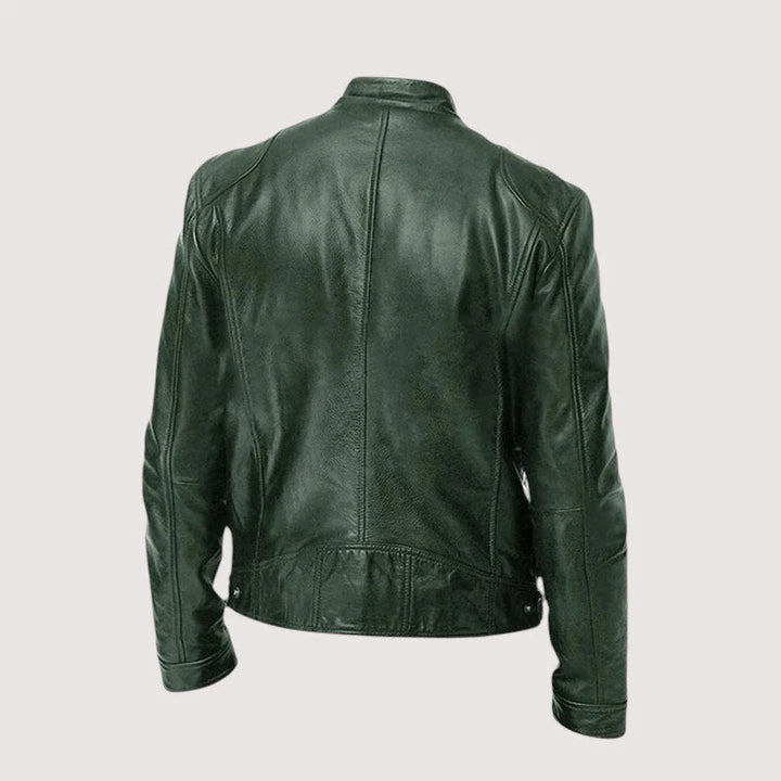 Close-up of Harvey men's biker jacket waist zip pocket and hem detailing