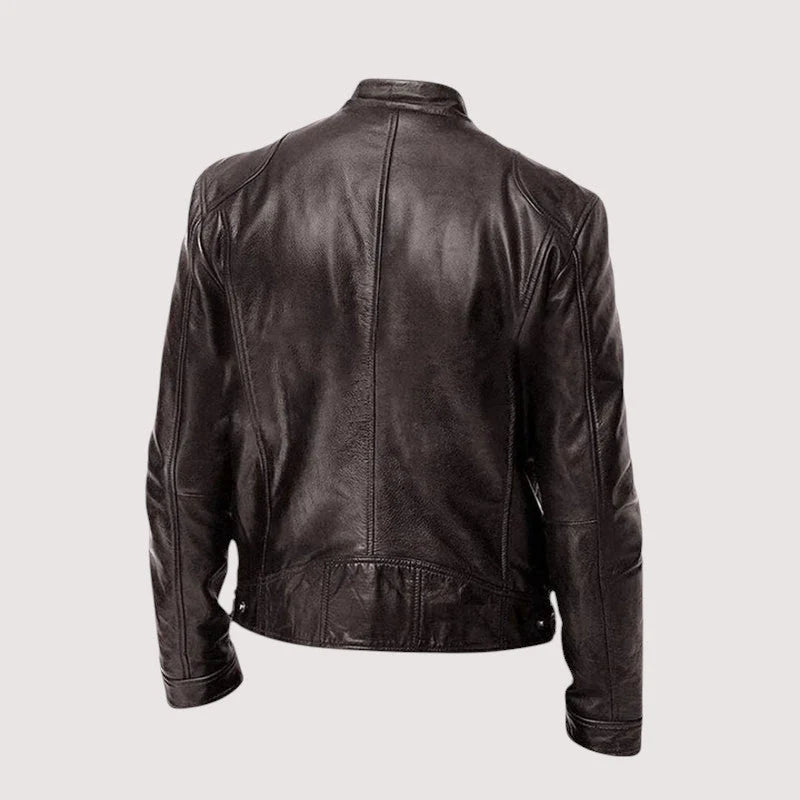 Harvey men's biker jacket front view highlighting stand collar and full-length zip design