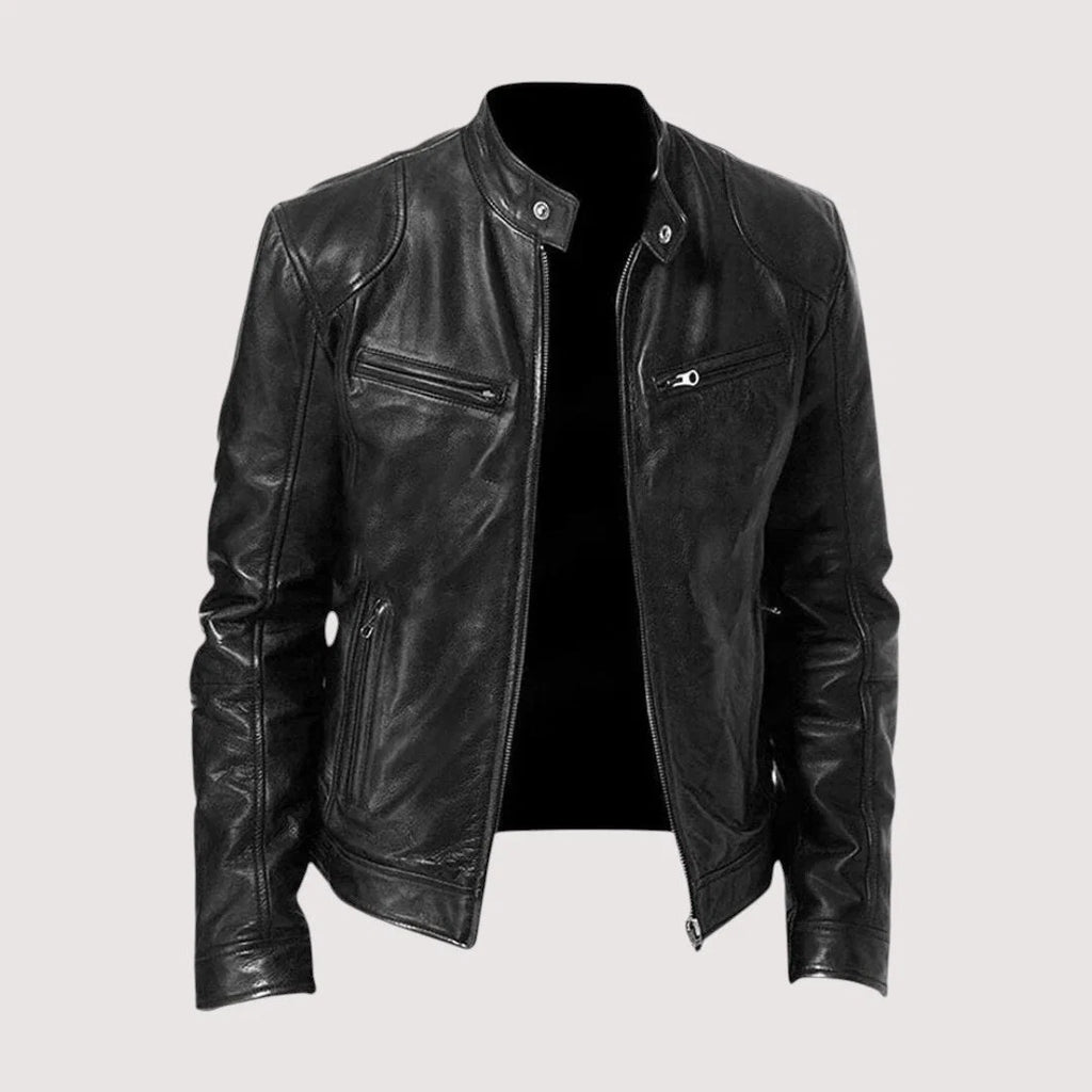 Close-up of Harvey men's biker jacket showing stand collar detail and front zip closure