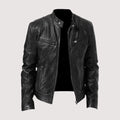 Close-up of Harvey men's biker jacket showing stand collar detail and front zip closure
