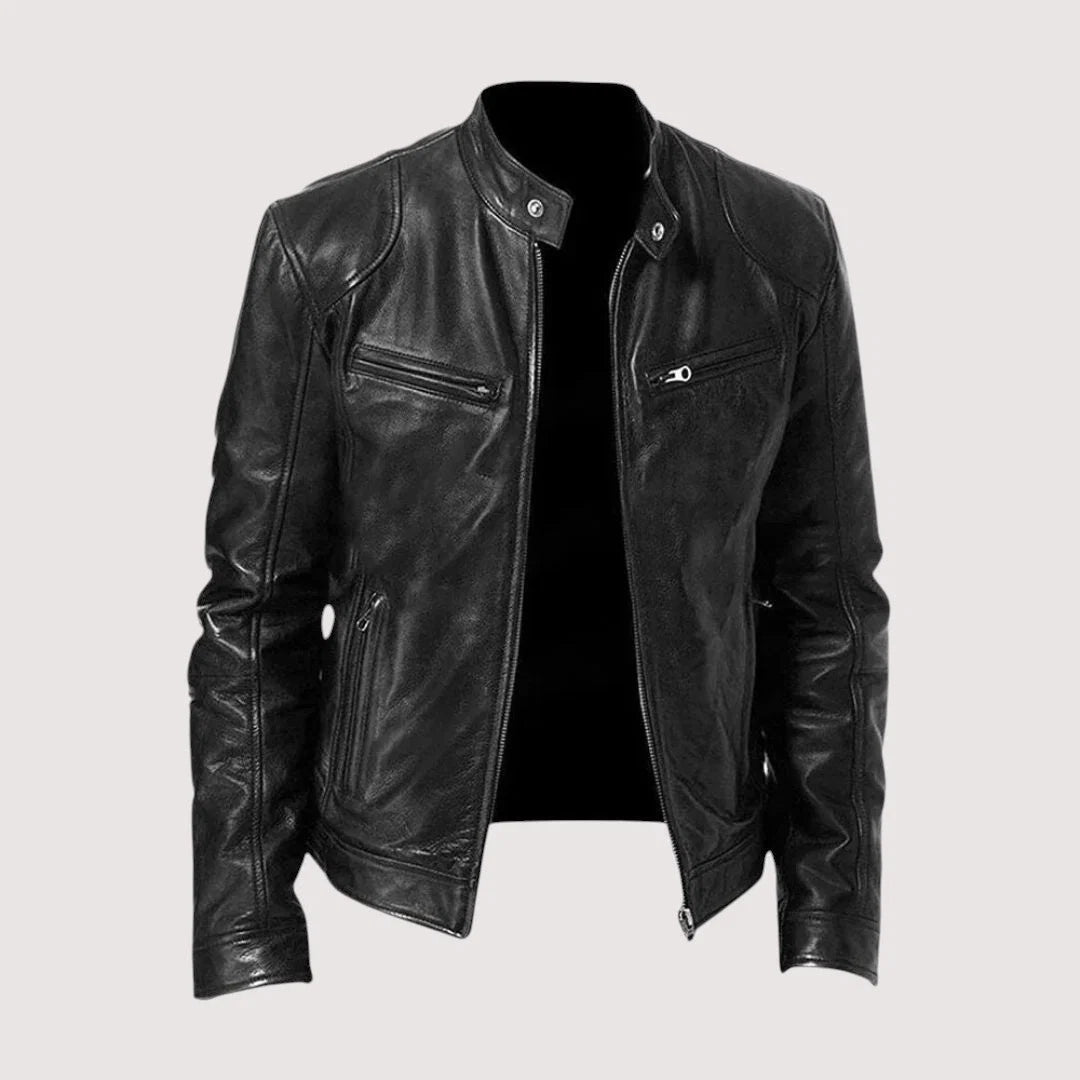 Close-up of Harvey men's biker jacket showing stand collar detail and front zip closure
