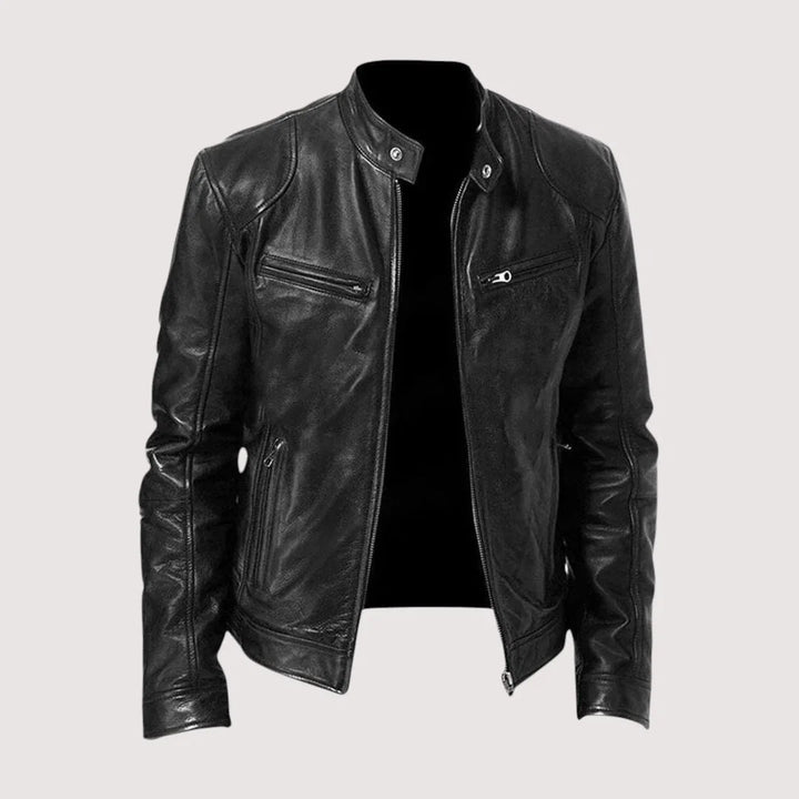Close-up of Harvey men's biker jacket showing stand collar detail and front zip closure
