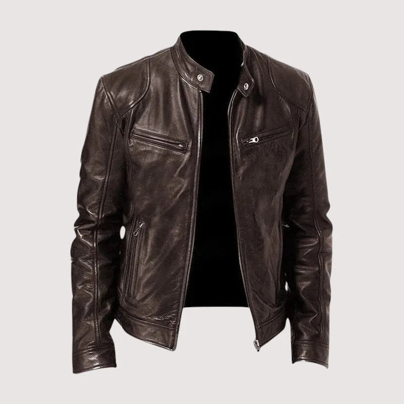 Side view of Harvey men's biker jacket displaying structured silhouette and angled chest pocket