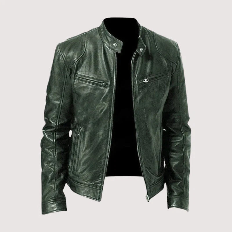 Back view of Harvey men's biker jacket showing smooth finish and tailored cut