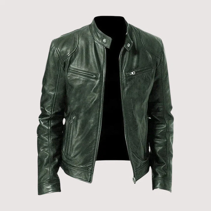 Back view of Harvey men's biker jacket showing smooth finish and tailored cut