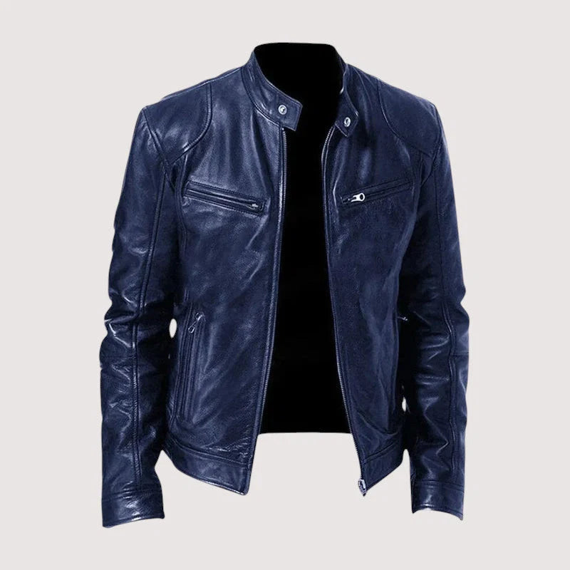 Detail shot of Harvey men's biker jacket zip pocket and textured surface finish