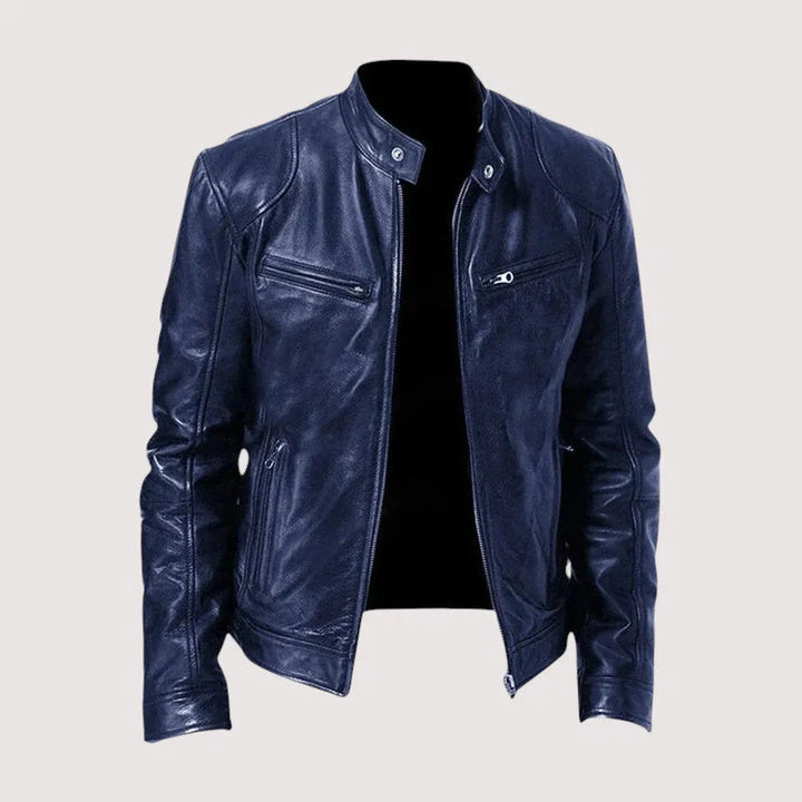 Detail shot of Harvey men's biker jacket zip pocket and textured surface finish