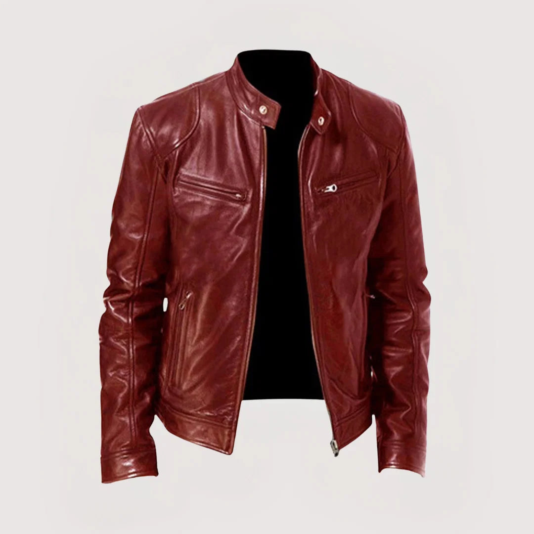 Harvey men's biker jacket styled over casual shirt for smart-casual layering look