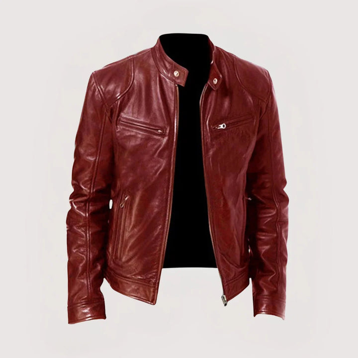 Harvey men's biker jacket styled over casual shirt for smart-casual layering look