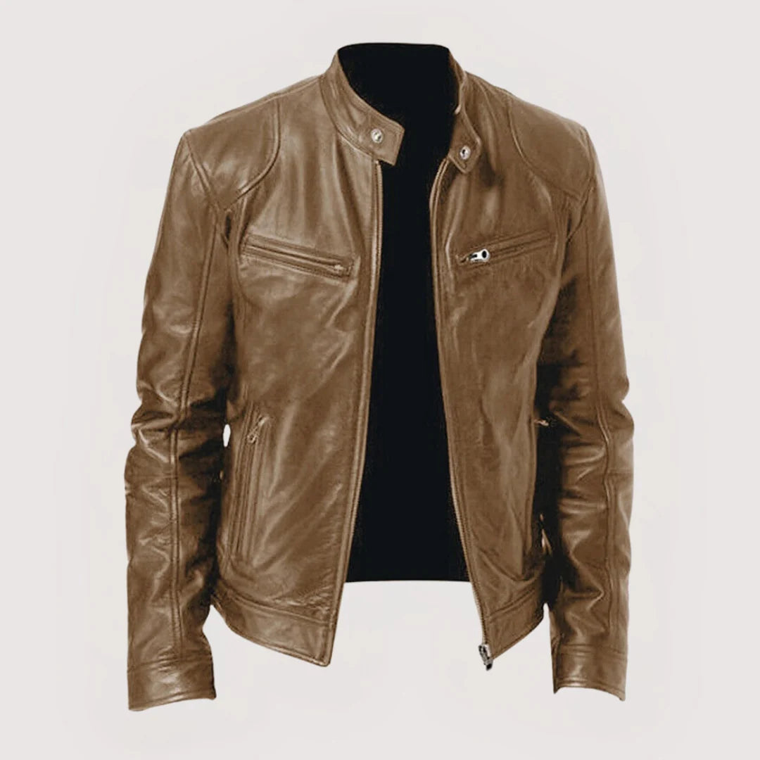 Full-length view of Harvey men's biker jacket showing balanced proportions and structured fit