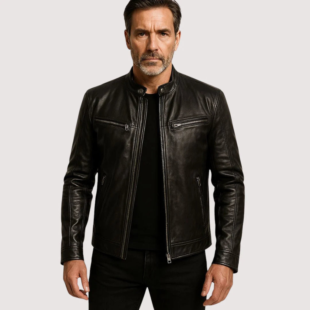 Harvey men's biker jacket collar and shoulder detail with visible stitching and hardware
