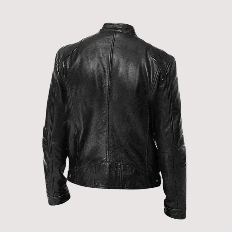 Harvey men's biker jacket worn open over black top showing inner lining and fit