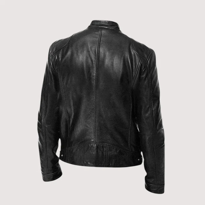 Harvey men's biker jacket worn open over black top showing inner lining and fit