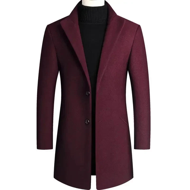 Men's burgundy slim fit overcoat with notch lapel and two-button closure on mannequin