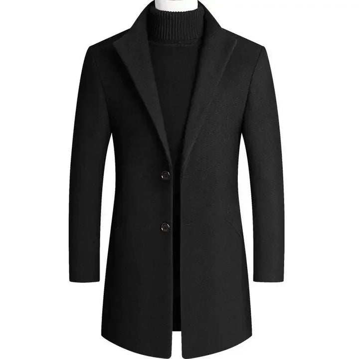 Close-up view of men's burgundy overcoat showing structured fabric texture and tailored lapel