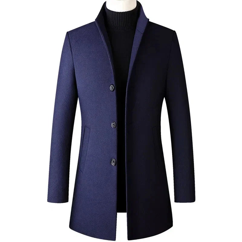 Side profile of men's slim fit overcoat displaying streamlined silhouette and mid-thigh length
