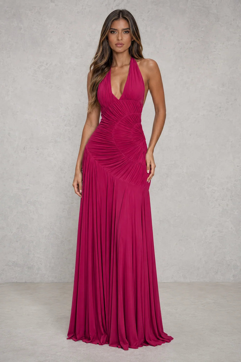 Halter neck maxi dress in magenta with plunge neckline and gathered bodice detail
