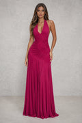 Halter neck maxi dress in magenta with plunge neckline and gathered bodice detail