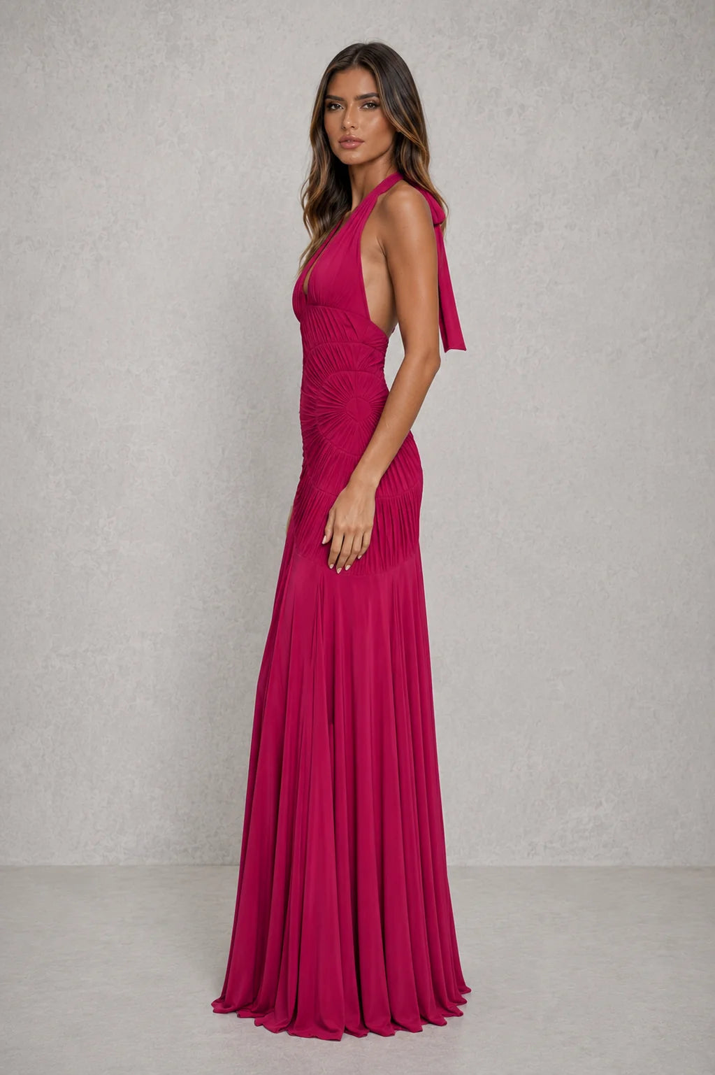 Close-up of gathered bodice detail on halter neck maxi dress with stretch mesh