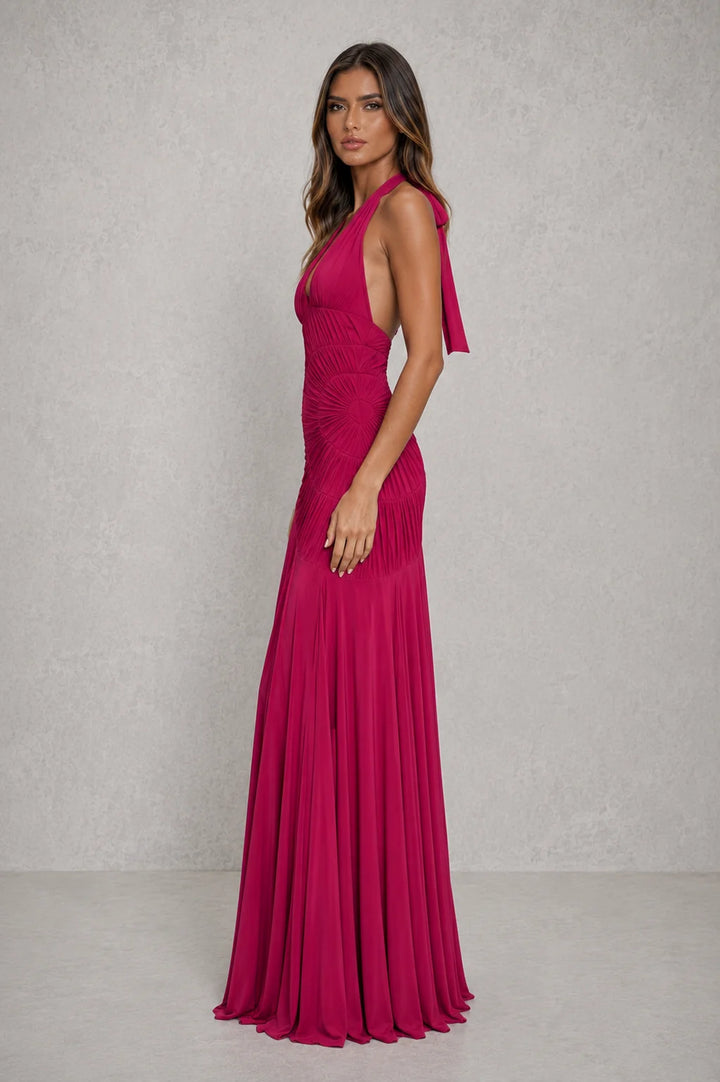 Close-up of gathered bodice detail on halter neck maxi dress with stretch mesh