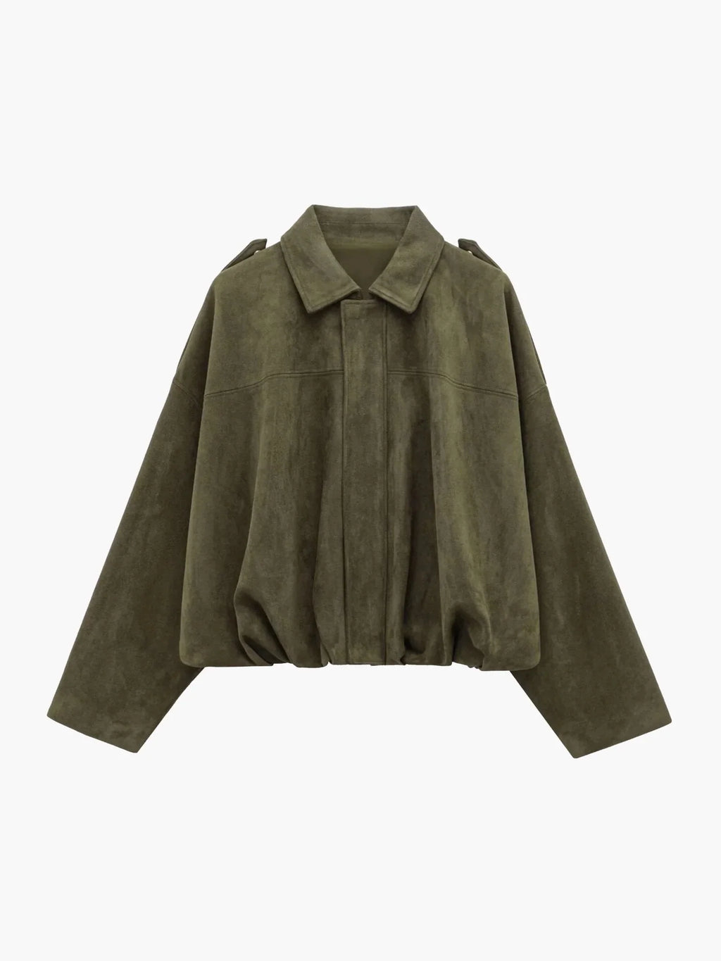Women's collared bomber jacket in olive green with elasticated hem and structured collar detail