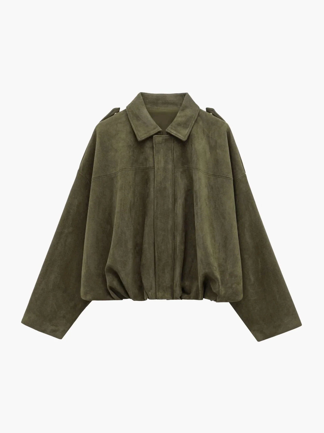 Women's collared bomber jacket in olive green with elasticated hem and structured collar detail