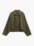 Women's collared bomber jacket in olive green with elasticated hem and structured collar detail