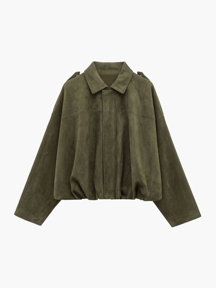 Women's collared bomber jacket in olive green with elasticated hem and structured collar detail