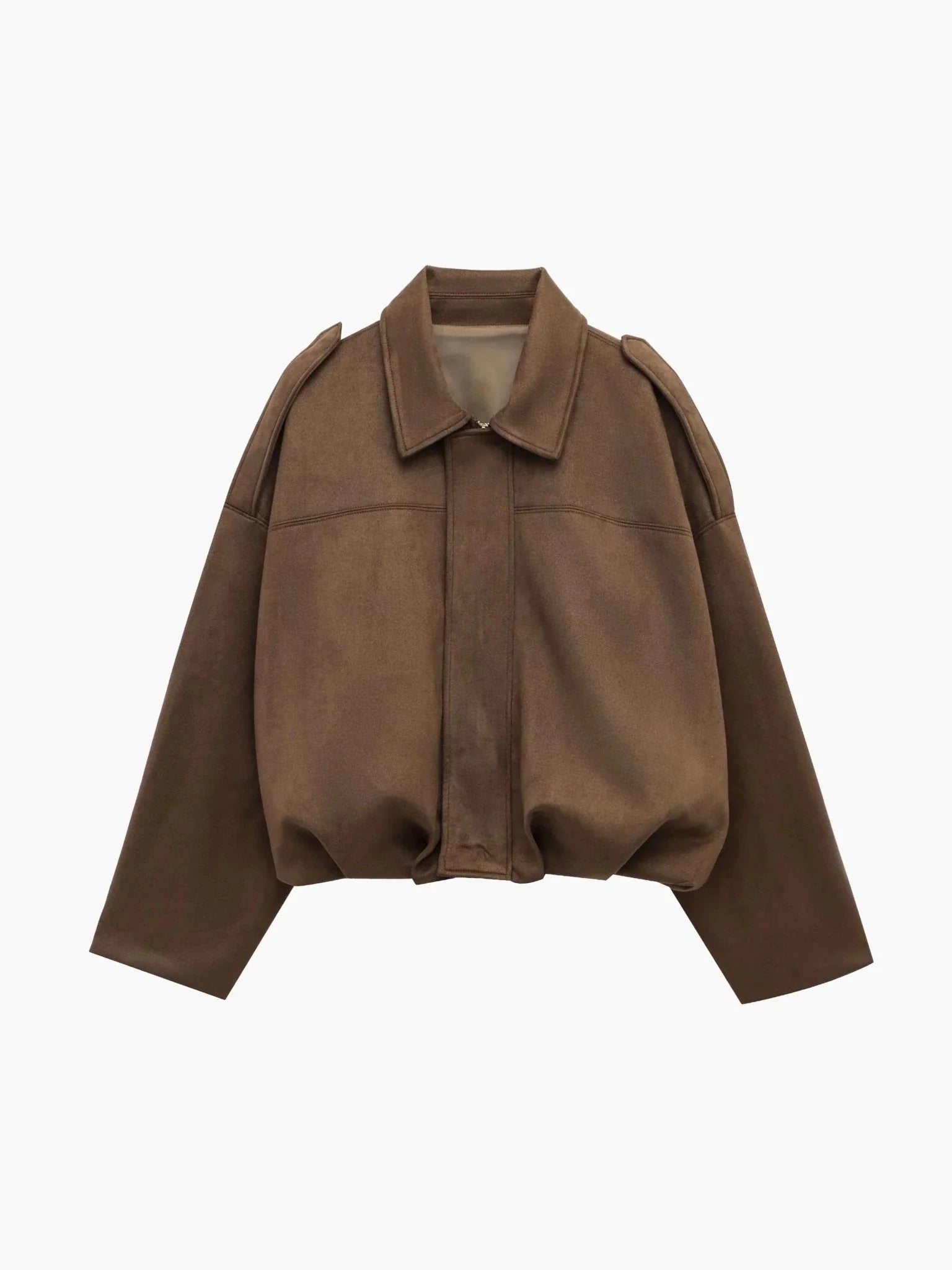 Women's collared bomber jacket in khaki tone with structured collar and relaxed fit