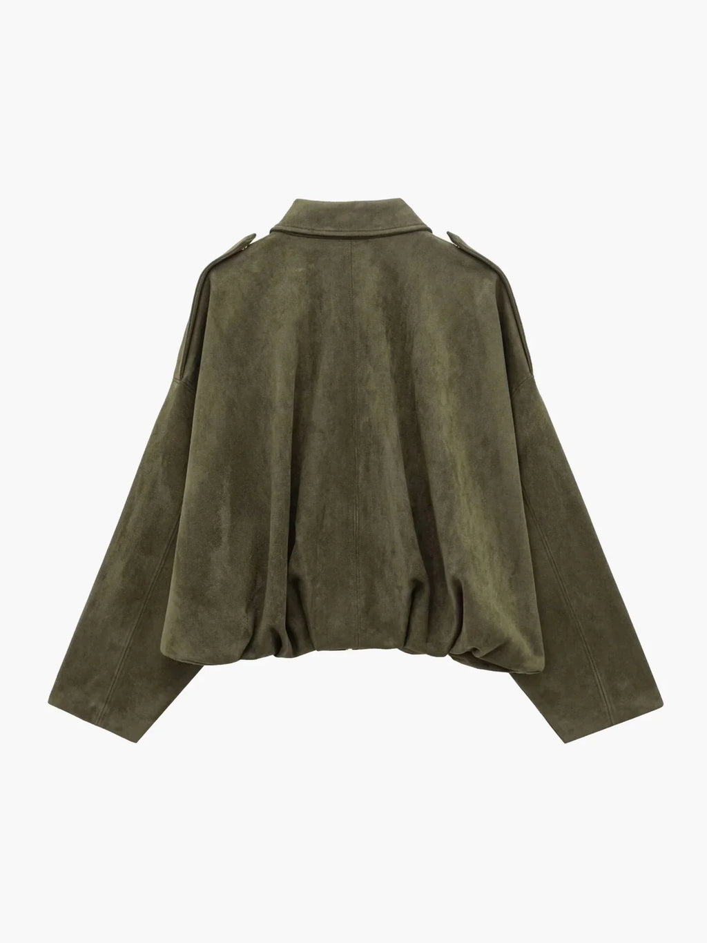 Close-up view of women's collared bomber jacket showing smooth matte fabric texture and fold-over collar