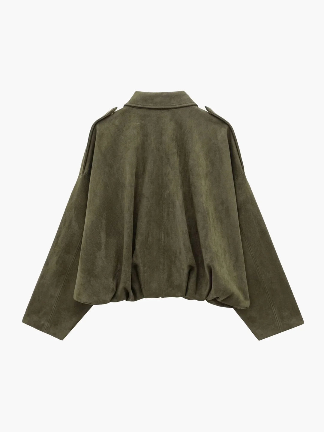 Close-up view of women's collared bomber jacket showing smooth matte fabric texture and fold-over collar