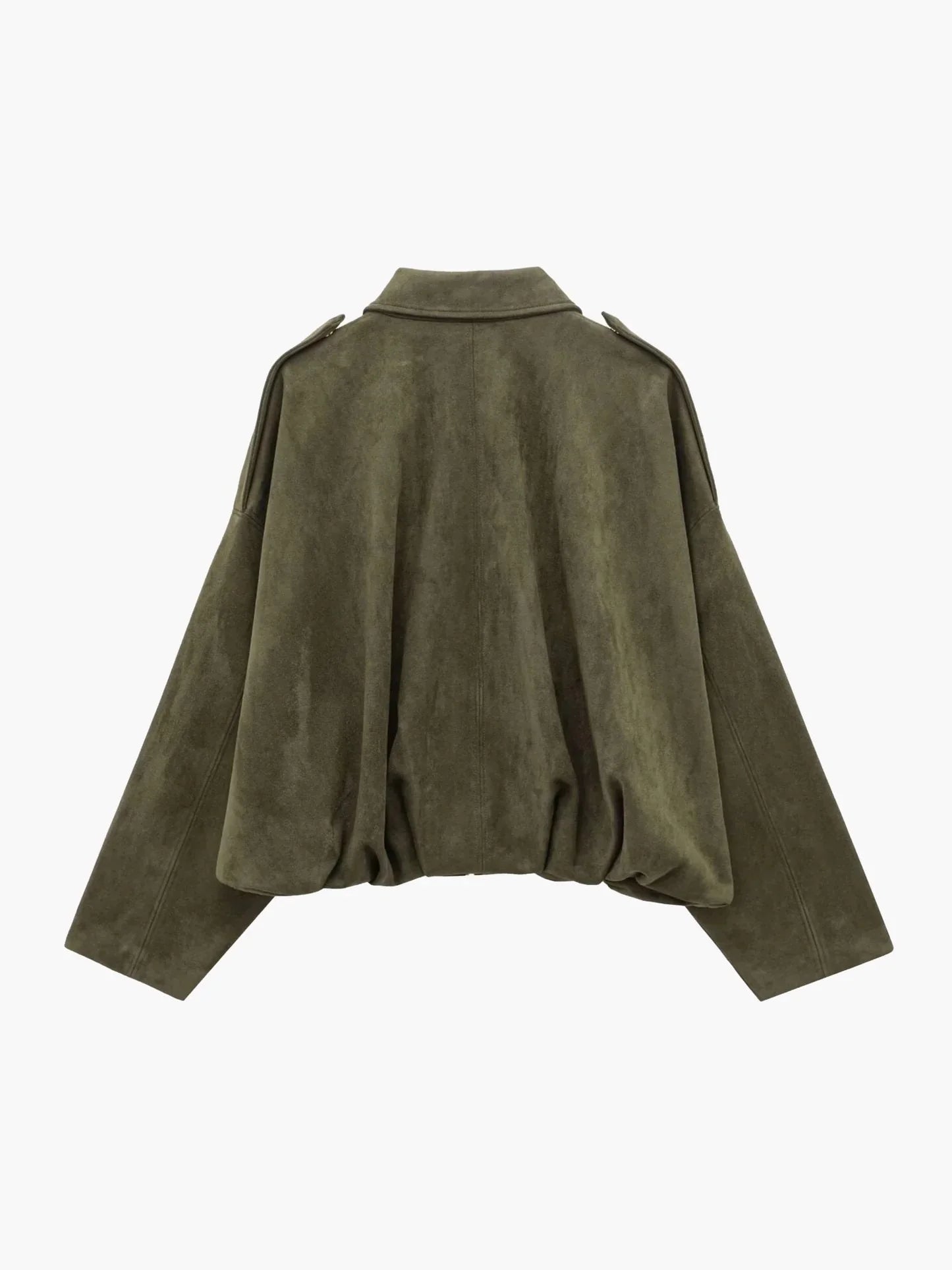 Close-up view of women's collared bomber jacket showing smooth matte fabric texture and fold-over collar