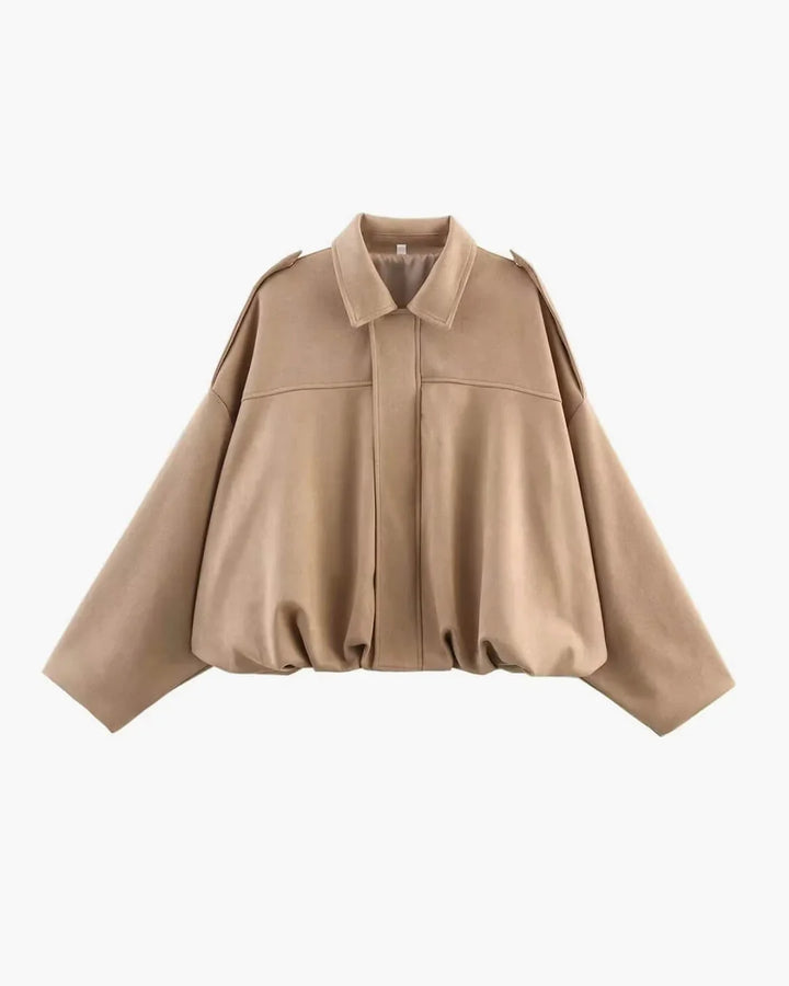 Women's collared bomber jacket flat lay highlighting structured collar and elasticated waistband