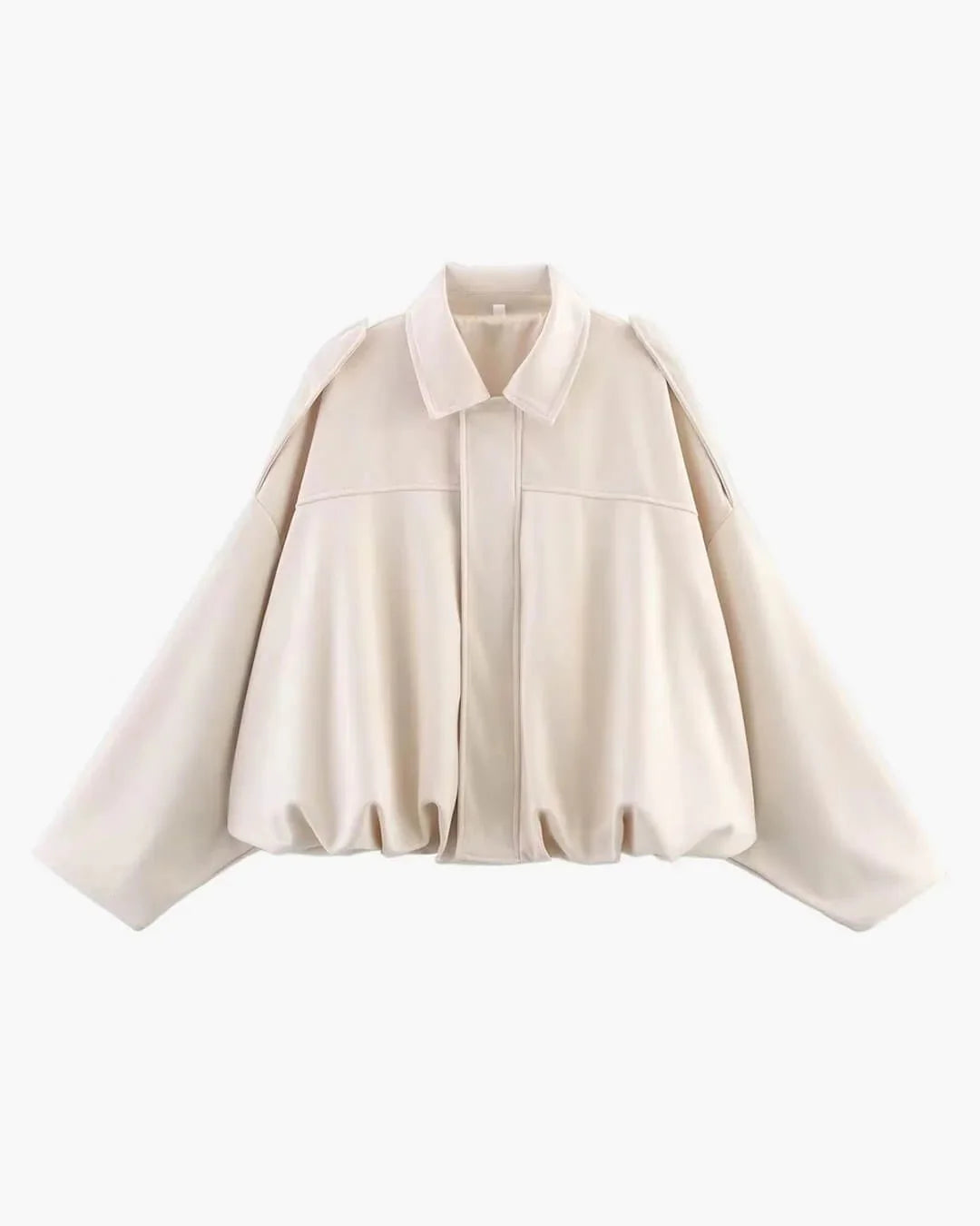 Women's collared bomber jacket styled with high-waisted trousers for casual autumn outfit