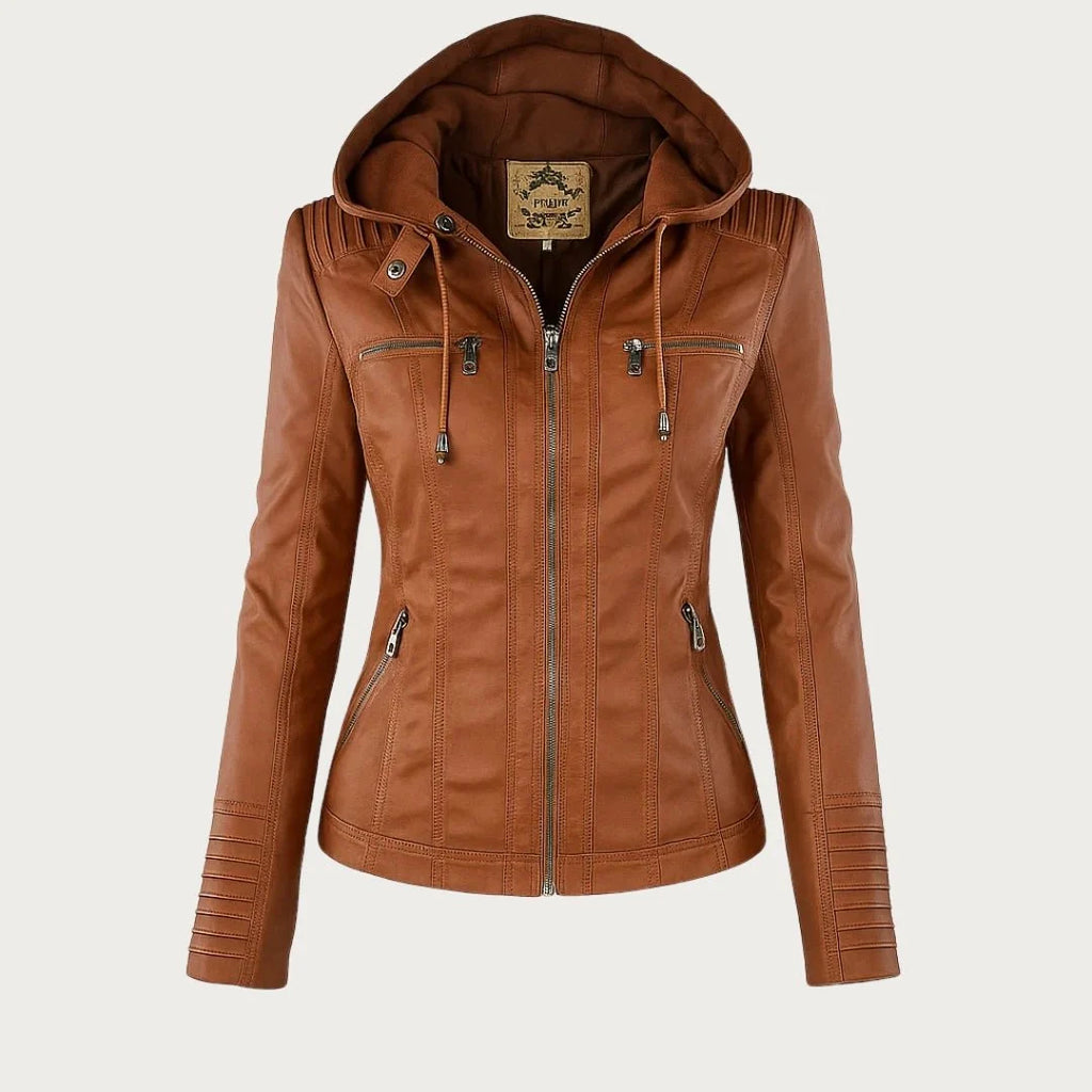 Women's tan hooded biker jacket with zip detail and ribbed shoulder panelling on neutral background