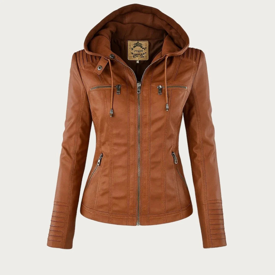 Women's tan hooded biker jacket with zip detail and ribbed shoulder panelling on neutral background