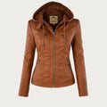 Women's tan hooded biker jacket with zip detail and ribbed shoulder panelling on neutral background