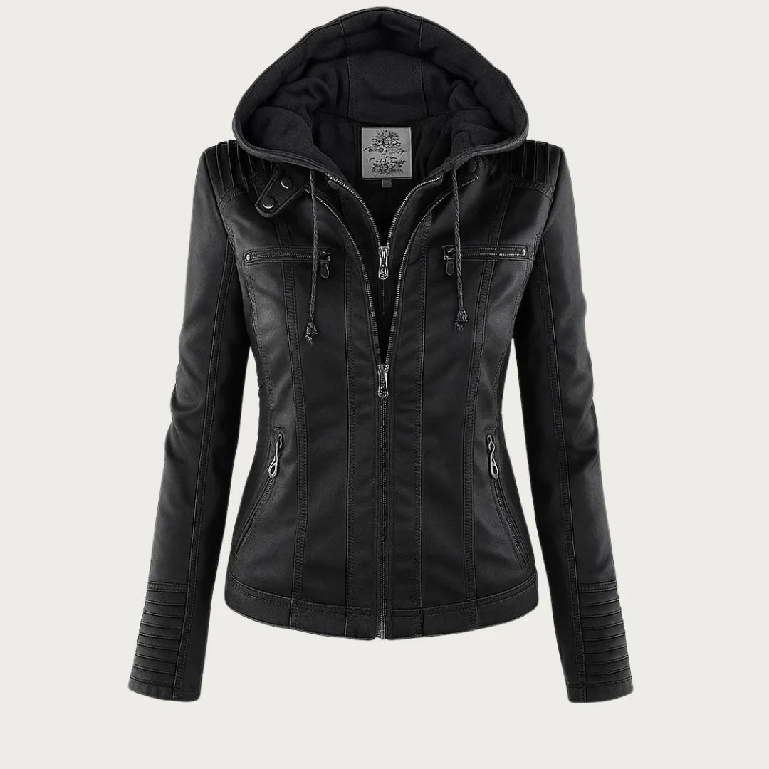 Side angle of women's fitted biker jacket highlighting tailored silhouette and hip-length cut