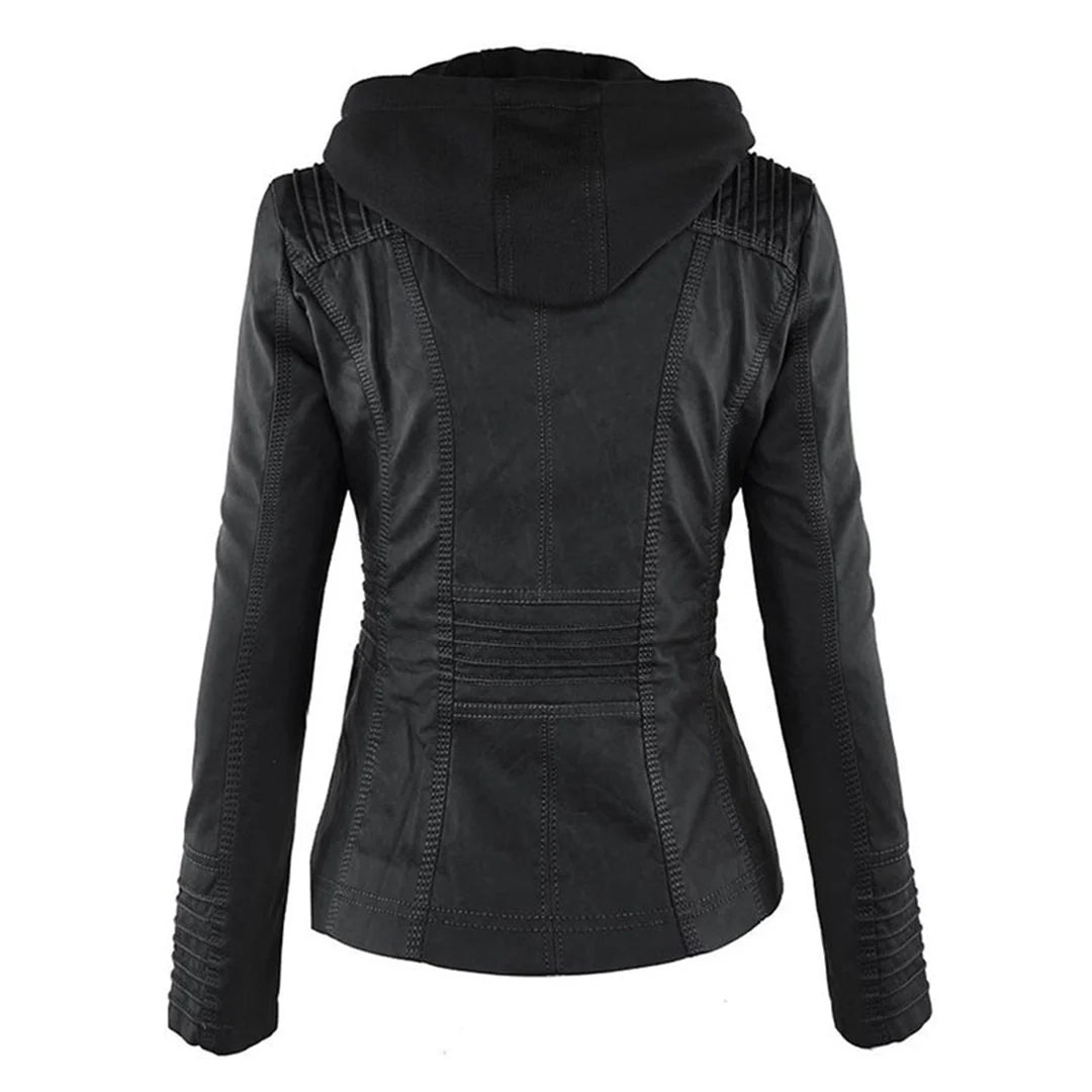 Detail shot of ribbed cuff and sleeve panelling on women's hooded biker jacket