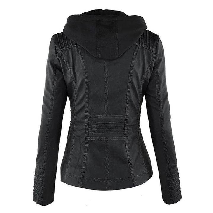 Detail shot of ribbed cuff and sleeve panelling on women's hooded biker jacket