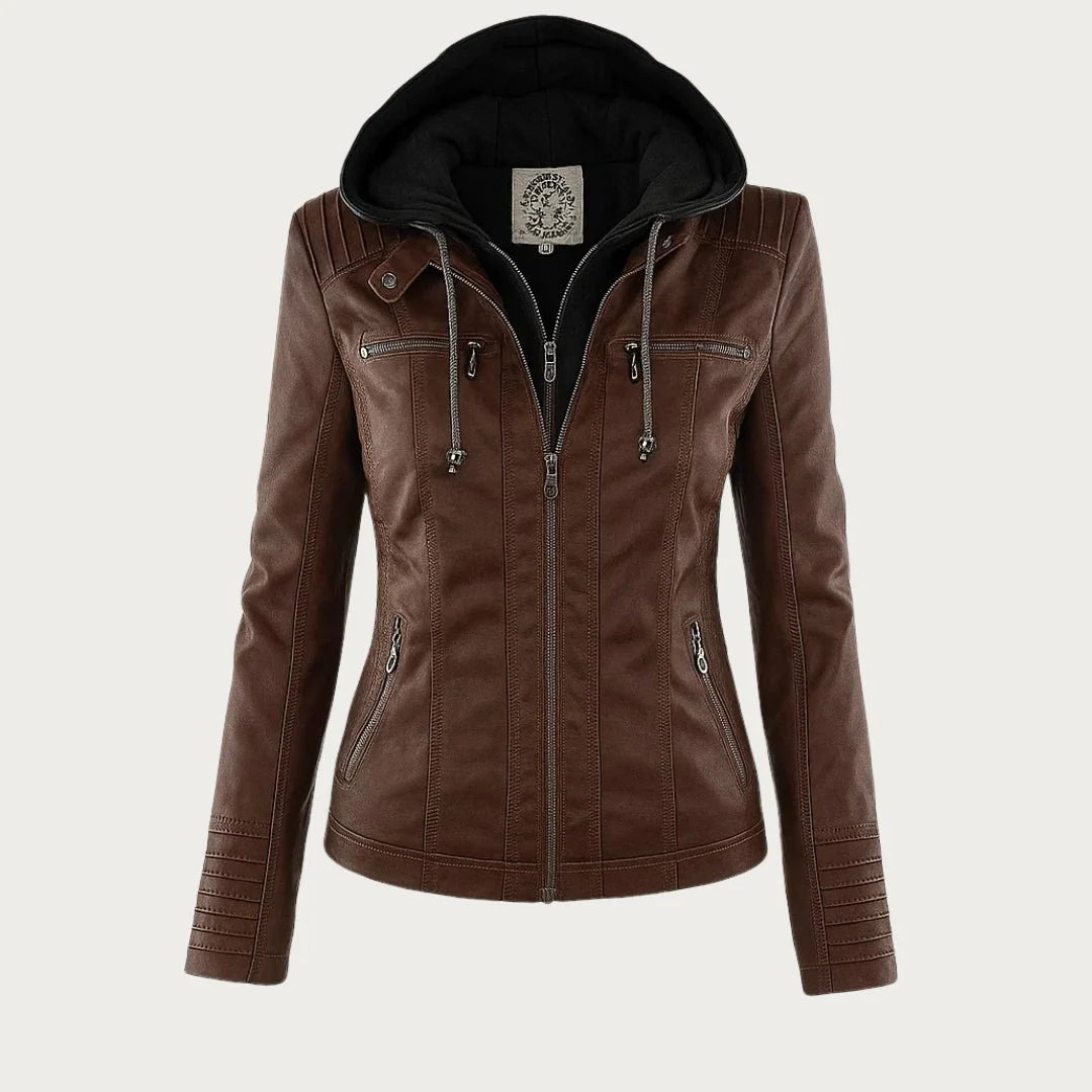 Back view of women's tan biker jacket showing structured fit and seam detailing