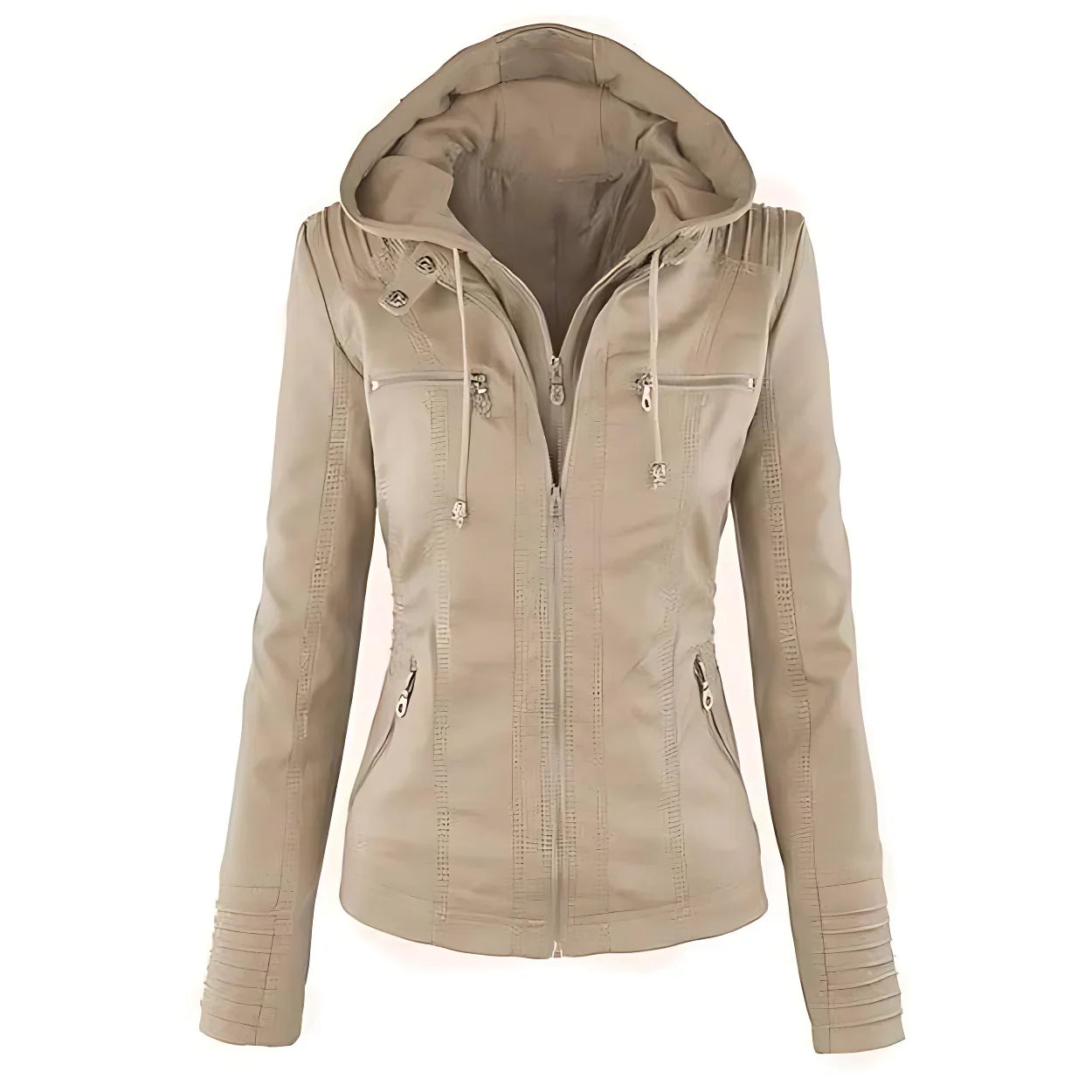 Women's hooded biker jacket styled with casual outfit showing versatile layering options