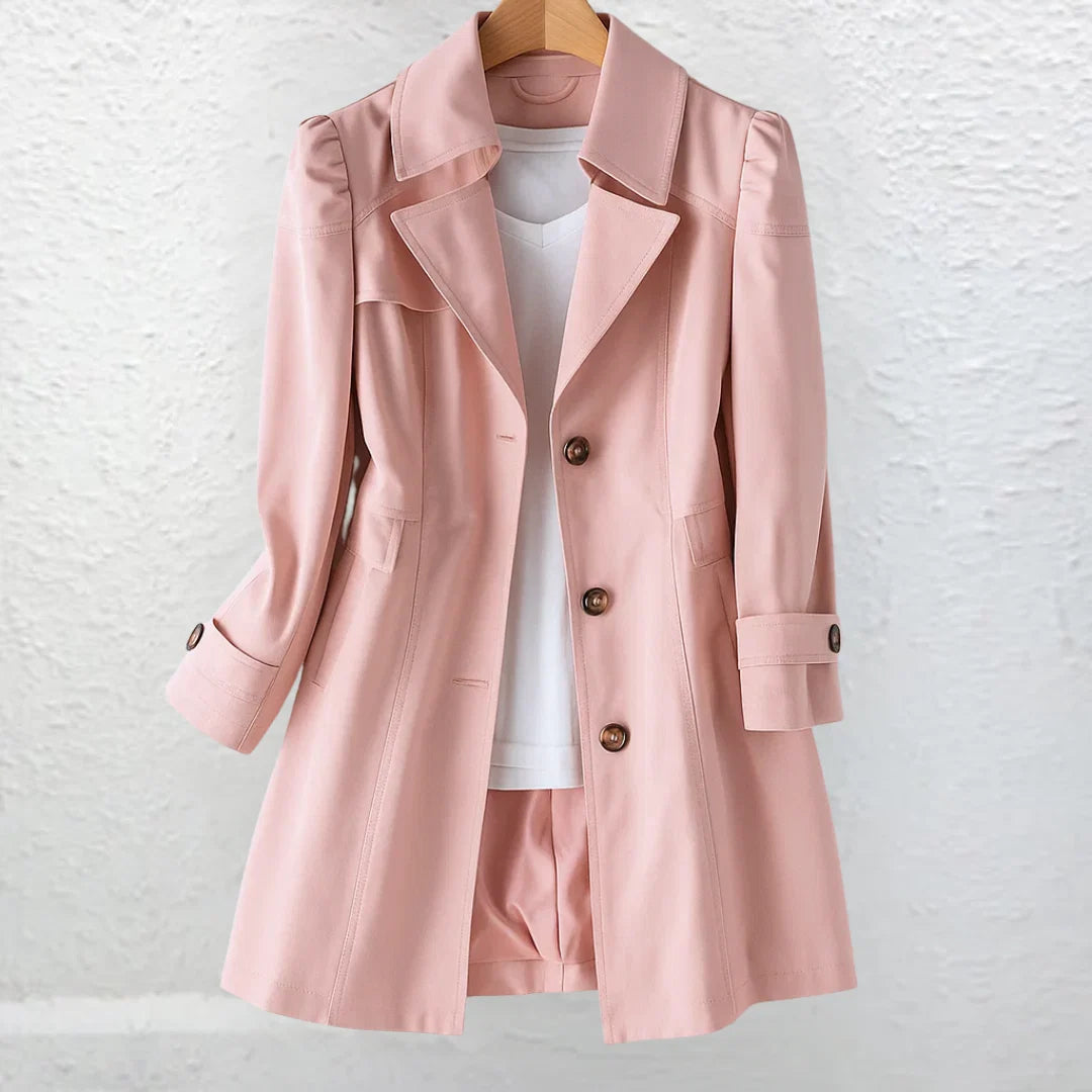 Close-up of trench coat button cuffs and smooth woven fabric detail