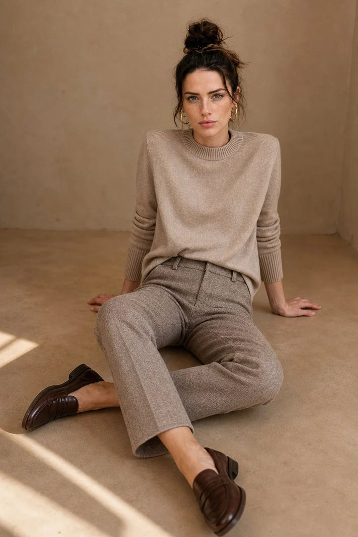 Woman wearing beige wool trousers with straight-leg fit and high-waist design, styled with a neutral jumper