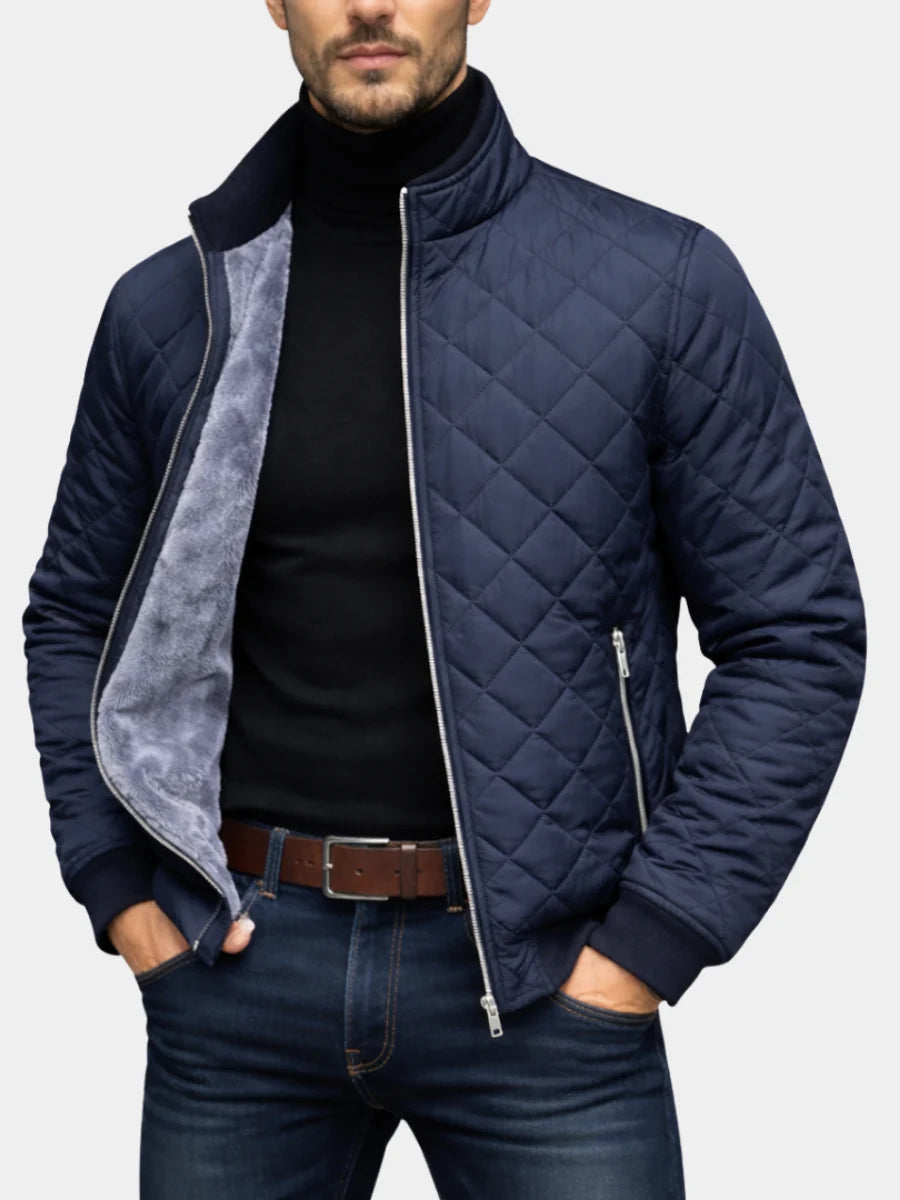 Men's quilted bomber jacket in navy with diamond stitching and stand collar