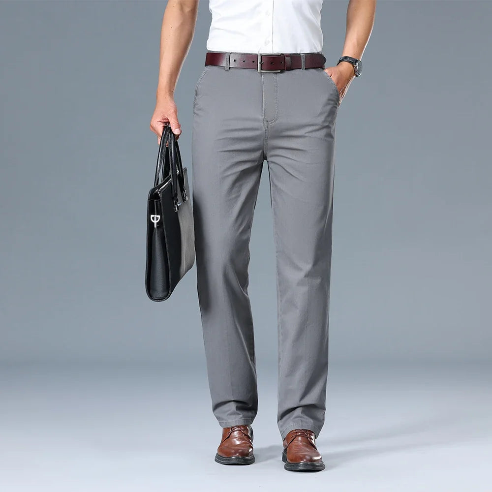 Comparison of men's dress trousers in multiple colours showing versatile styling options