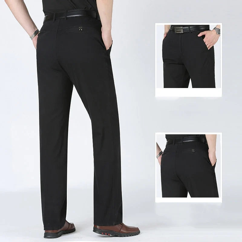 Close-up view of men's tailored dress trousers showing slim fit silhouette and structured fabric