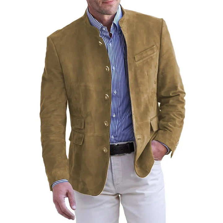 Men's suede-effect blazer in tan with band collar and flap pockets worn over striped shirt