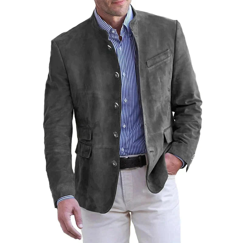 Side view of men's suede-effect blazer displaying structured fit and full-length sleeves
